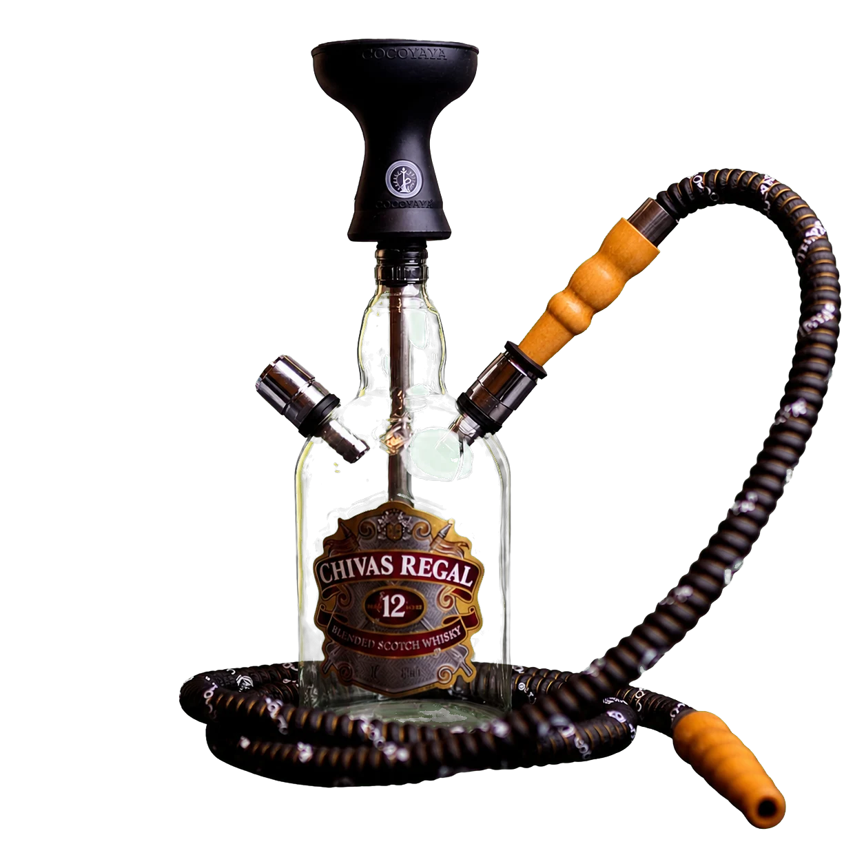 Bottle-style hookah with a black hose and wooden handle